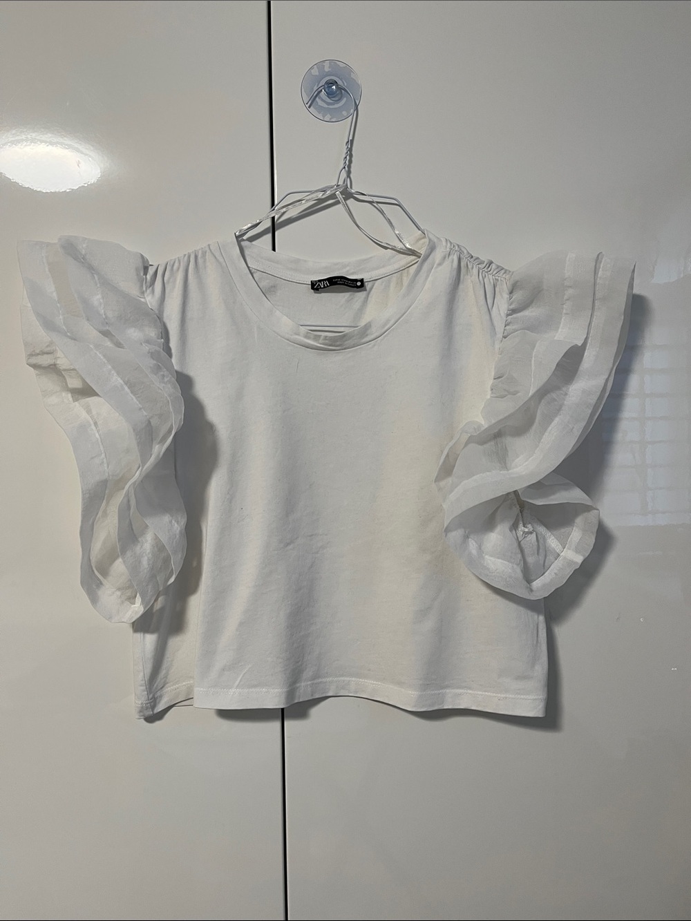 Zara NWOT White Short-Sleeve Cotton Top with Layered Ruffle Sleeves, Size M